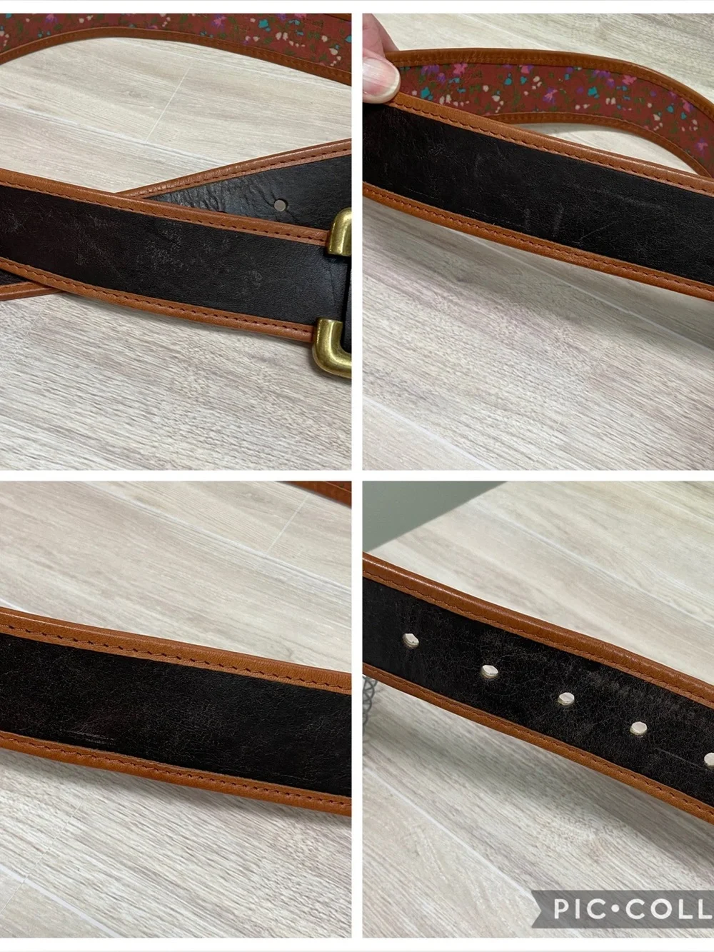 D&G Dolce & Gabbana Dark Brown Tan Floral Leather Belt with Brass Buckle Size 90